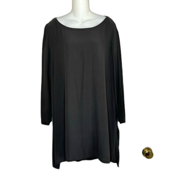 EILEEN FISHER GRAY CRAPE TEXTURED SILK TUNIC TOP SIZE LARGE 3/4 SLEEVES - Picture 1 of 10